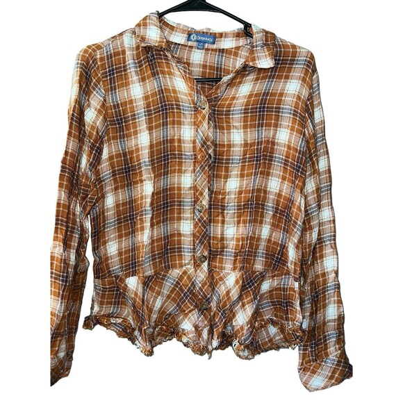 Democracy Top Womens Small Orange Tan Plaid Flannel Raw‎ Hem Button Up Boho - Picture 2 of 7